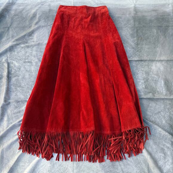 Women's Vintage Double D Ranch Wear Red Suede Leather Long Fringe Skirt Sz Large - Picture 6 of 8
